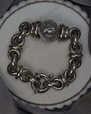 Vintage Sterling Silver Roman Coin Chain Bracelet 41.2G / 7.75in